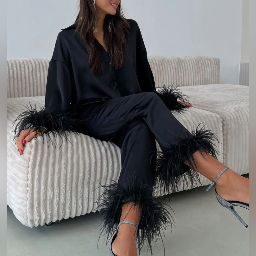 Black Feather Trim Satin Pajama Set - Elegant Women's Sleepwear